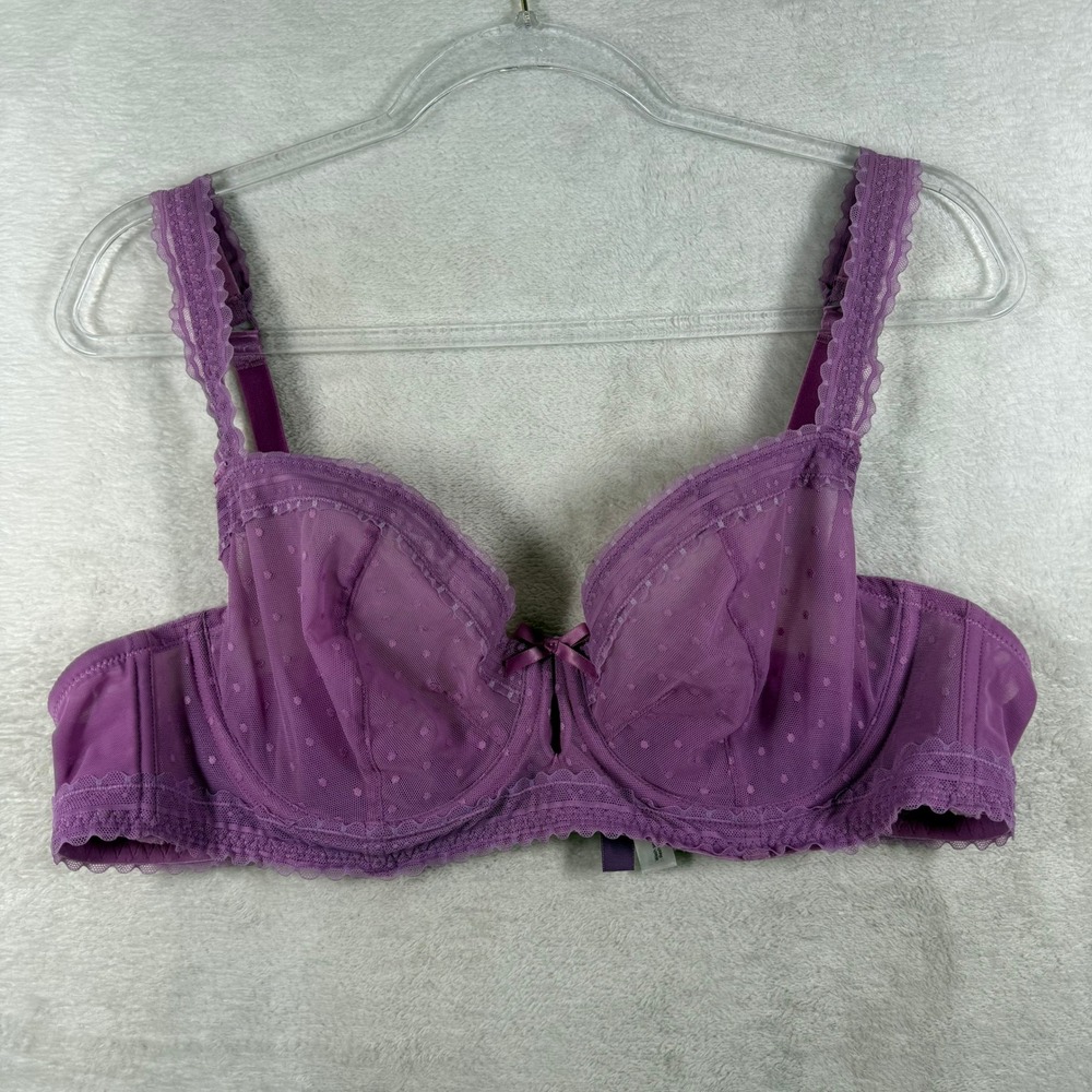 Adore Me Purple Polka Dot Mesh Unlined Underwire Bra 40C LP3132 Scalloped Lace